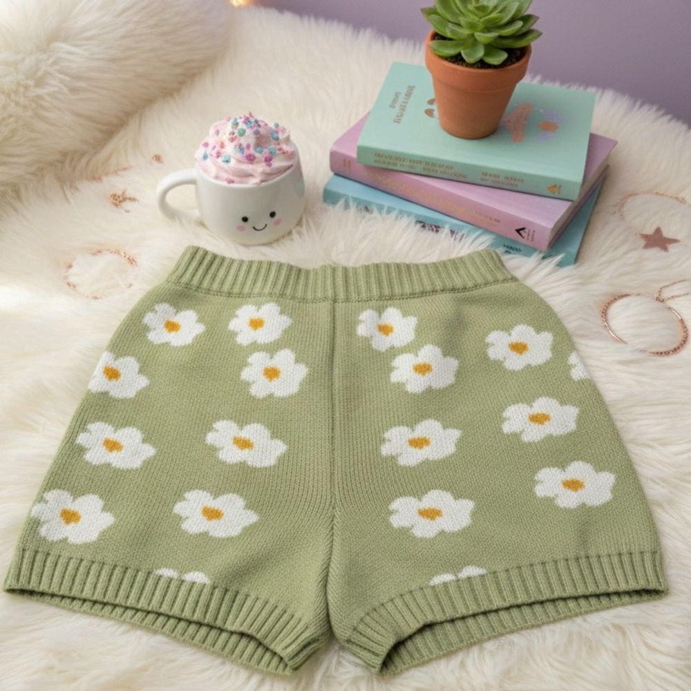 Floral Knit Women Shorts - Green